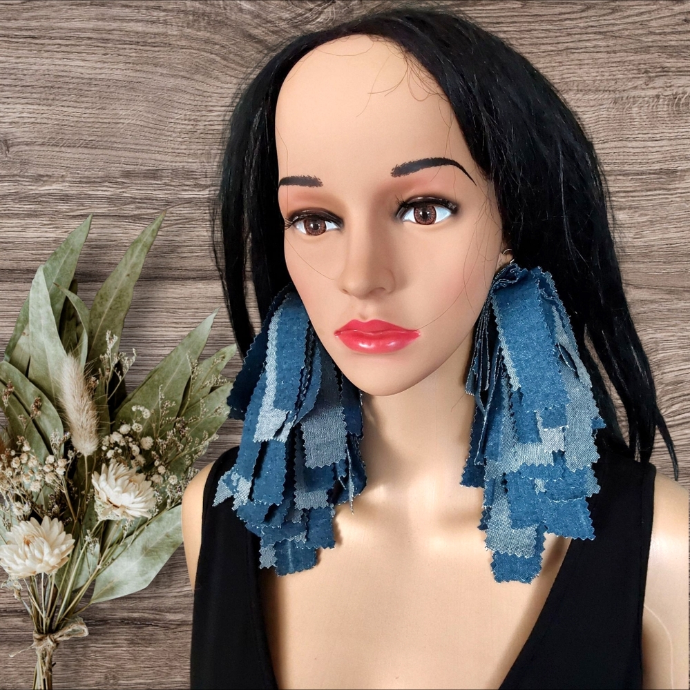 Handcrafted denim tassel earrings